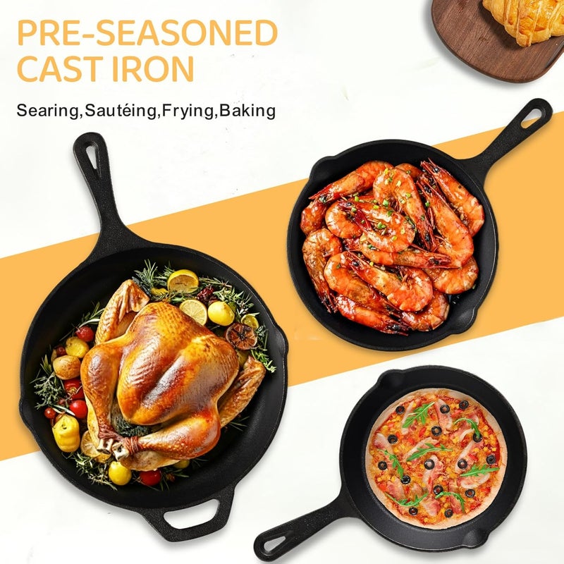 EWFEN Cast Iron Skillet 3-Piece Set, Heavy-Duty Professional Restaurant Chef Quality Pre-Seasoned Pan Cookware Set, 6", 8", 10" Pans For Frying, Saute, Cooking, Use Indoor/Outdoor, Oven, Grill - Image 2